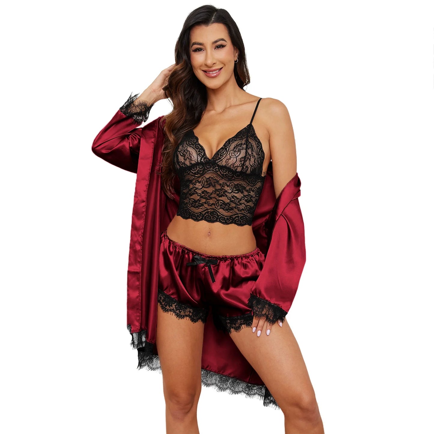 Sexy Lingerie,  Silk Satin Pajamas for Women, Womens Summer Pajamas Pjs Sets of 4 Pcs with Floral Lace Top Shorts and Robe, Gift for Women, Burgundy, XL