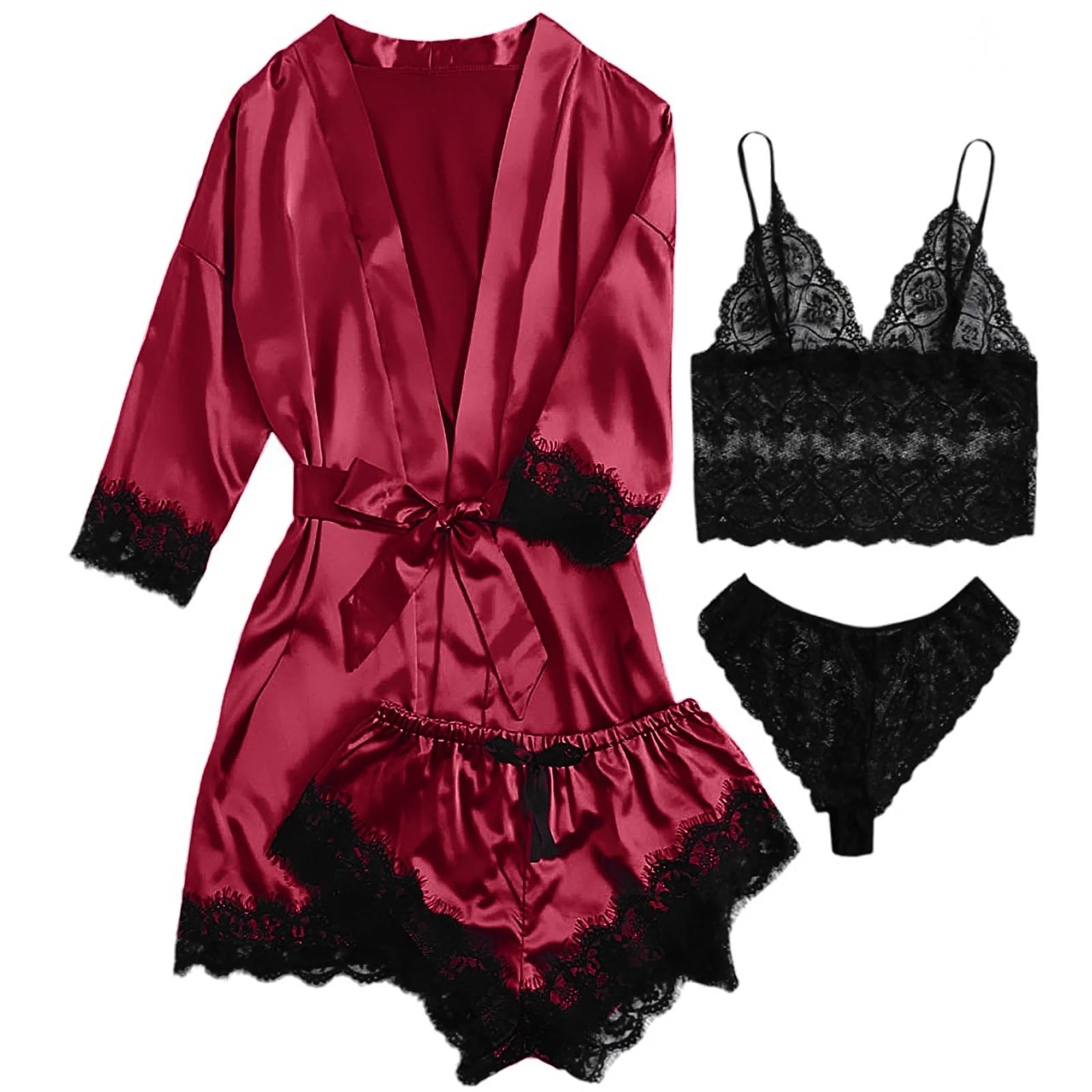 Sexy Lingerie,  Silk Satin Pajamas for Women, Womens Summer Pajamas Pjs Sets of 4 Pcs with Floral Lace Top Shorts and Robe, Gift for Women, Burgundy, XL